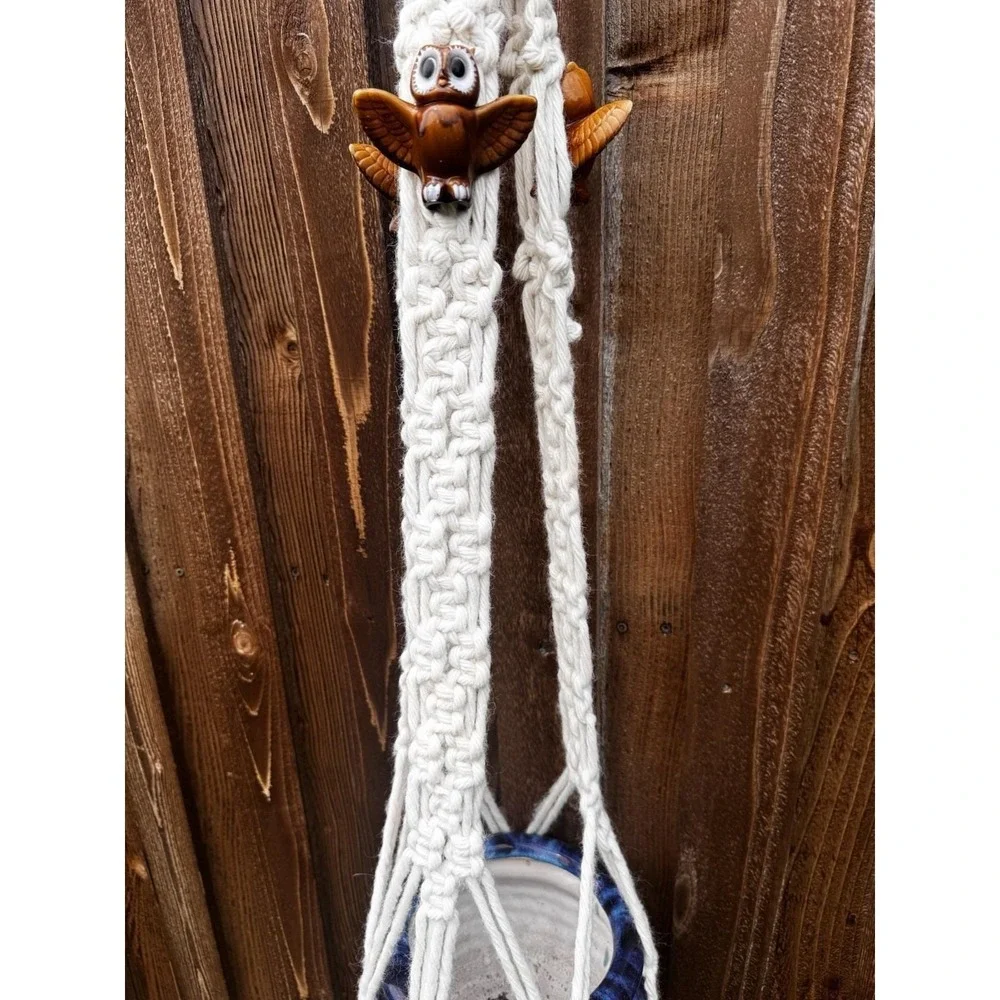 Macrame Cream Plant Hanger Boho 70s Hanging Planter w/ Owl Accents 58